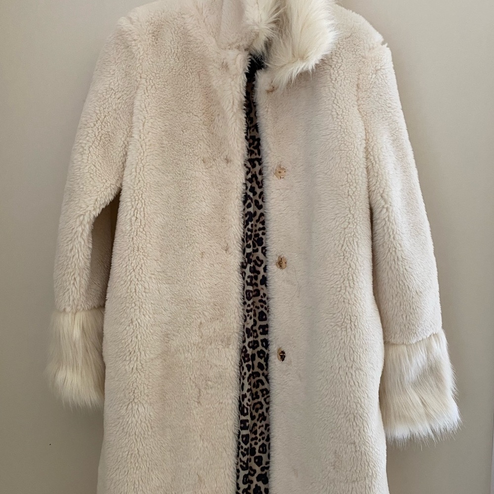 River Island | Midaxi cream teddy coat with faux fur cuffs and collar; new